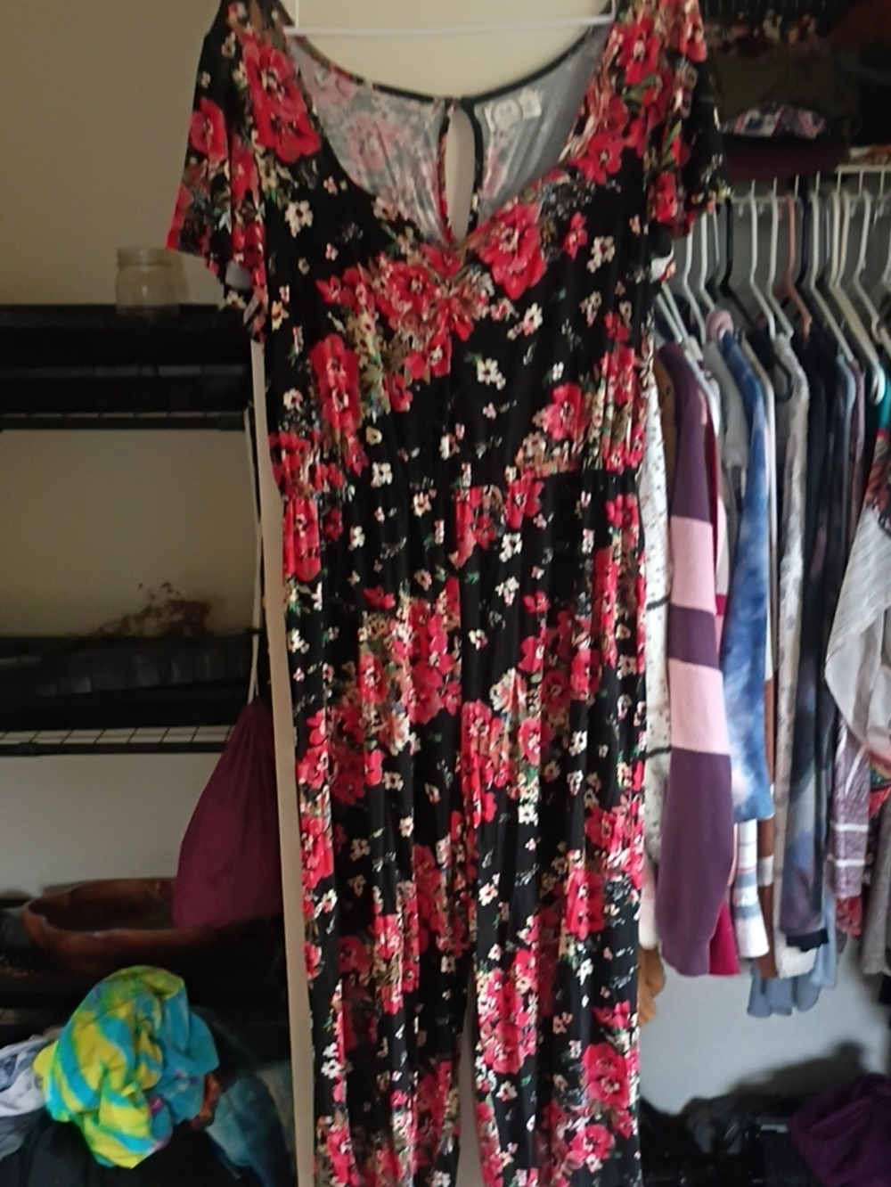 24/7 Comfort Apparel Black Floral V-Neck Maxi Dress with Red Flowers